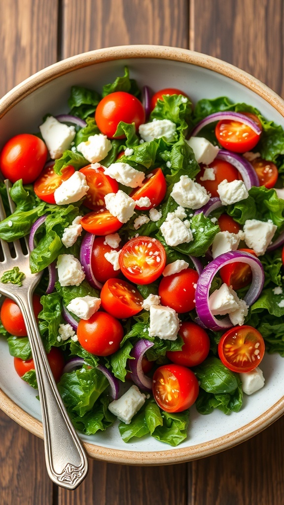 A fresh kale salad with feta cheese, cherry tomatoes, and red onions in a rustic bowl.